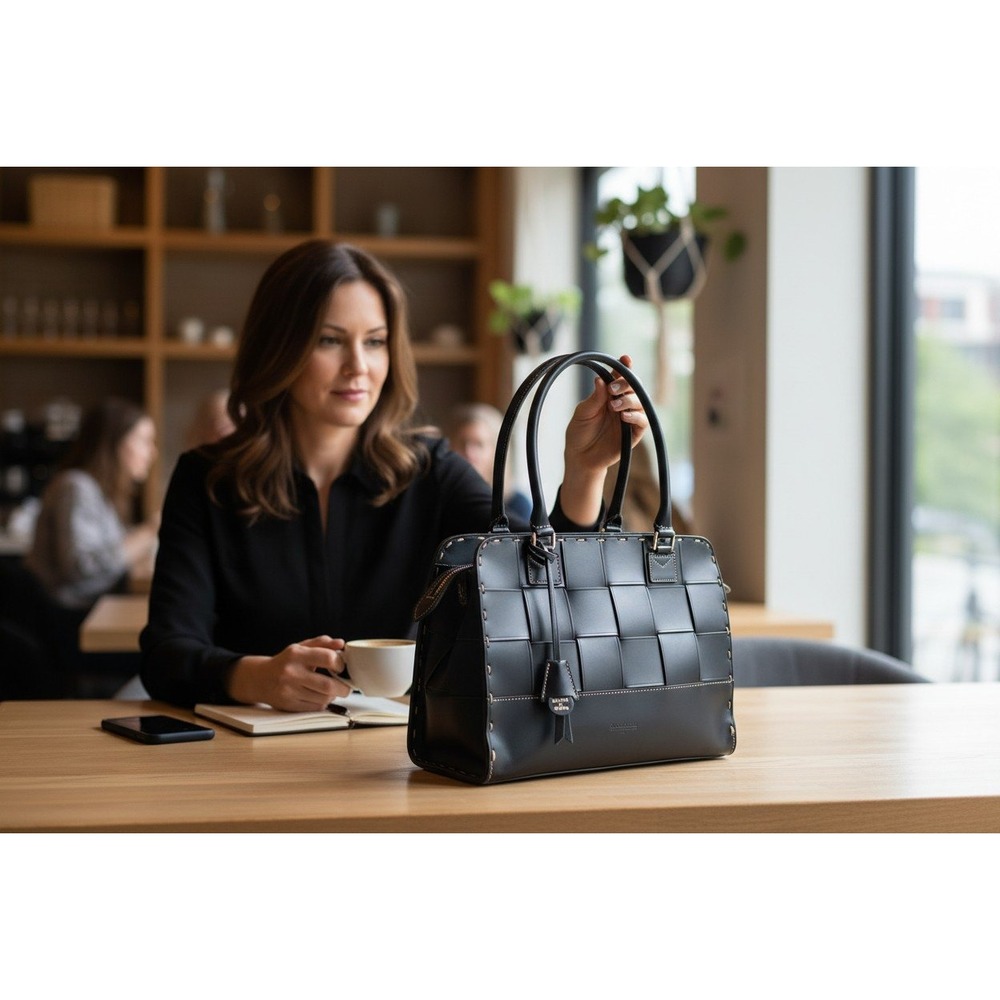 Dooney‎ & Bourke Alto Woven Rectangular Satchel Black Italian Leather Handbag